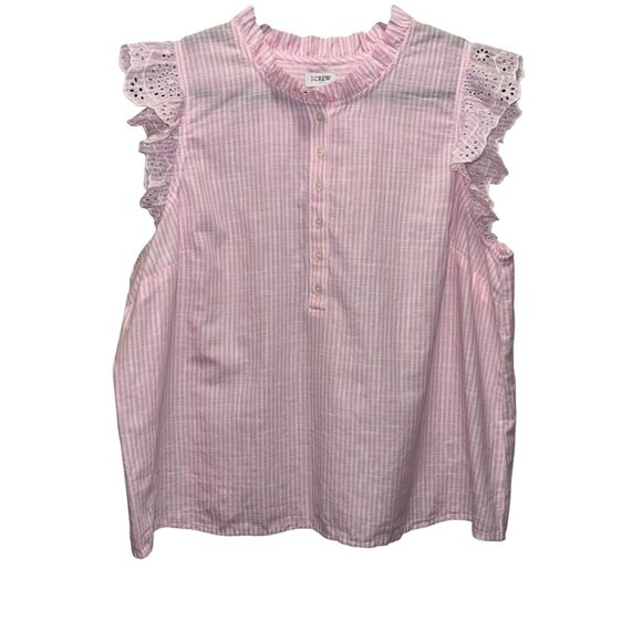 J.Crew Womens Striped ruffle front flutter-sleeve top Size XL Pink And White - Picture 2 of 7